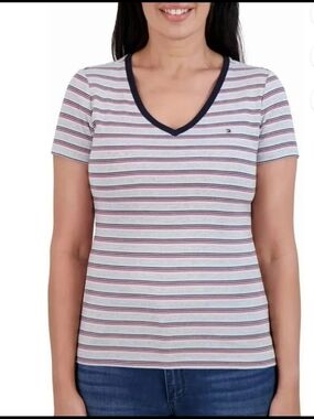 Tommy Hilfiger Striped V-Neck Short Sleeve Top - White, Navy & Pink